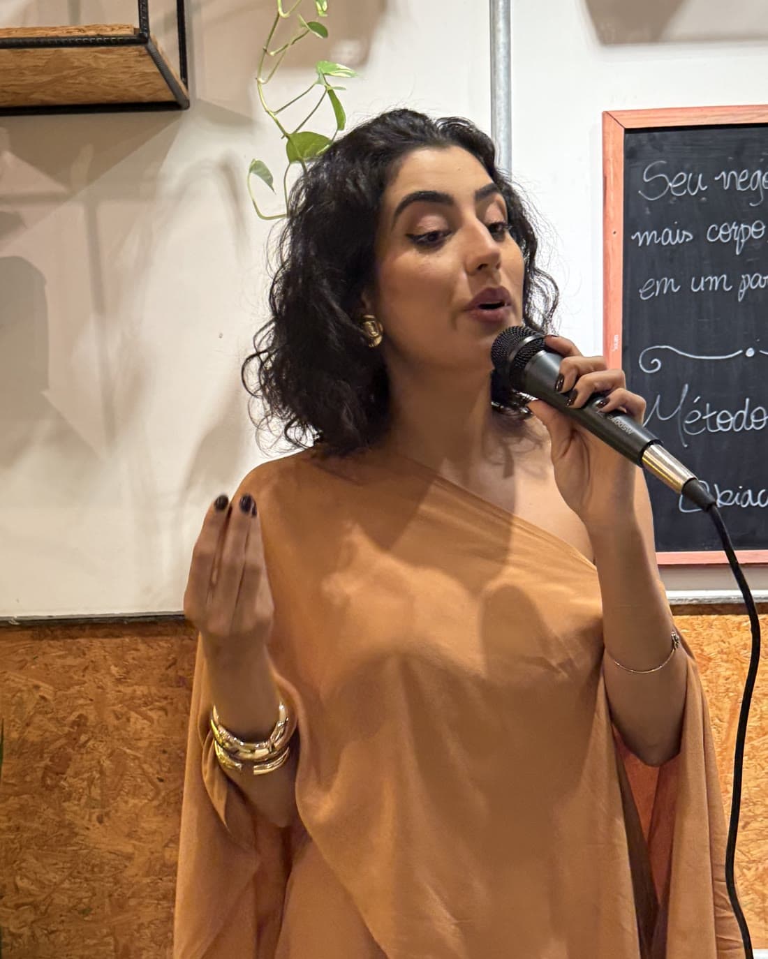 Bia Cintra falando ao microfone no encontro anterior, com o quadro do Método Eleva atrás